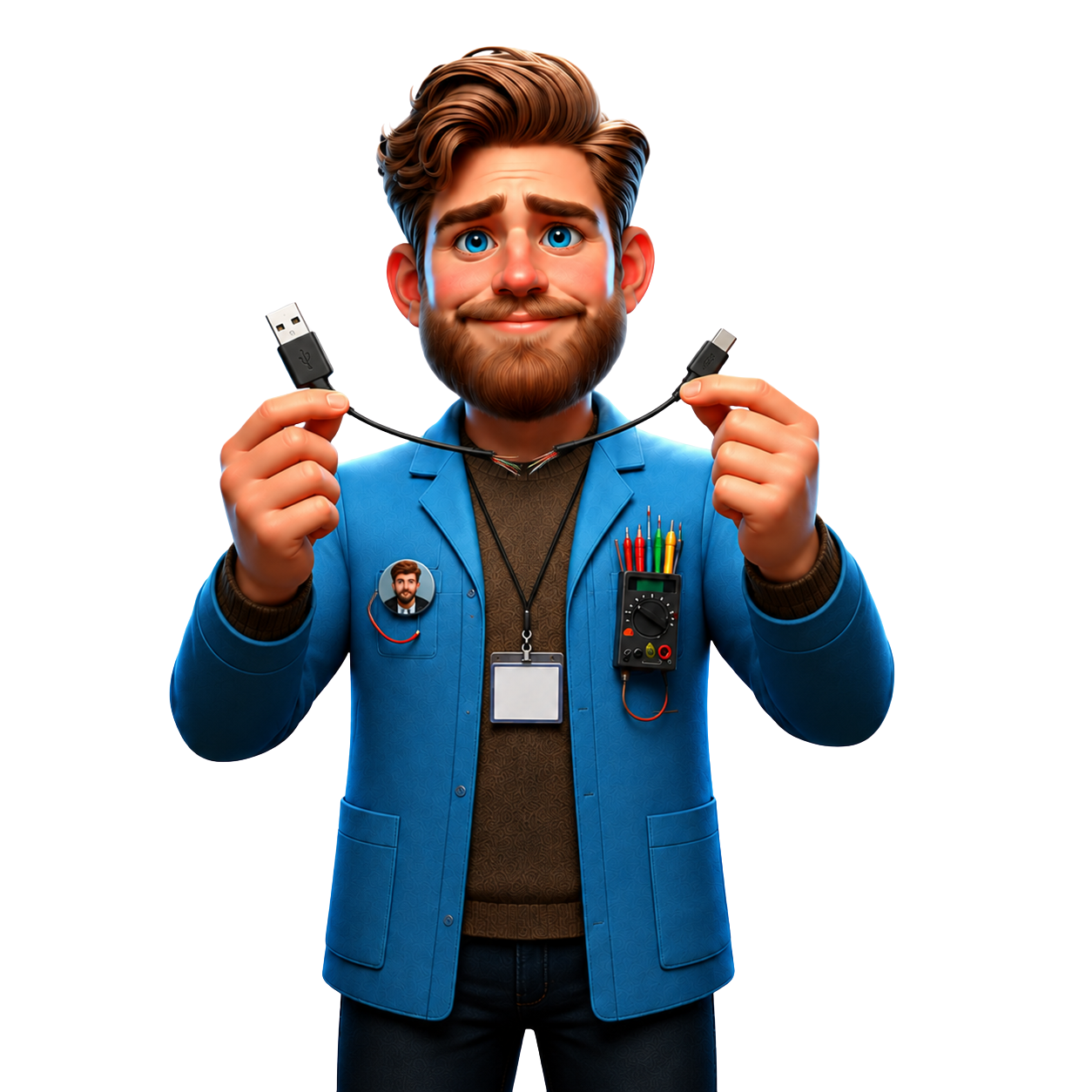 Avatar WR segurando cabo USB quebrado