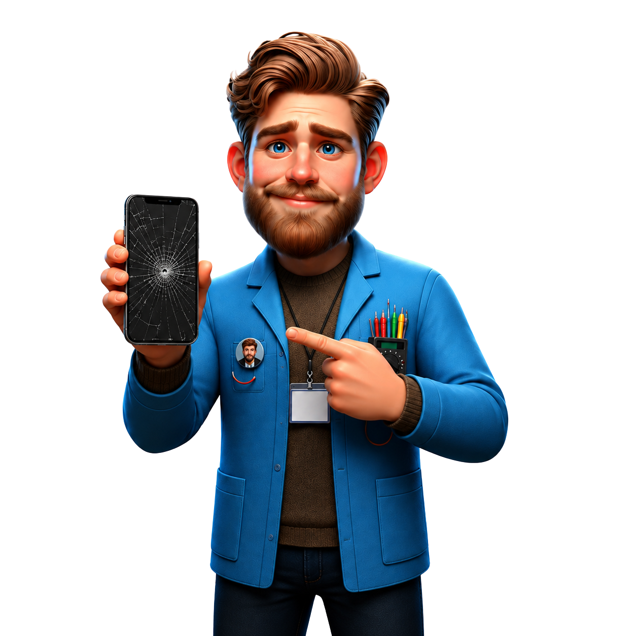Avatar WR segurando celular com tela quebrada